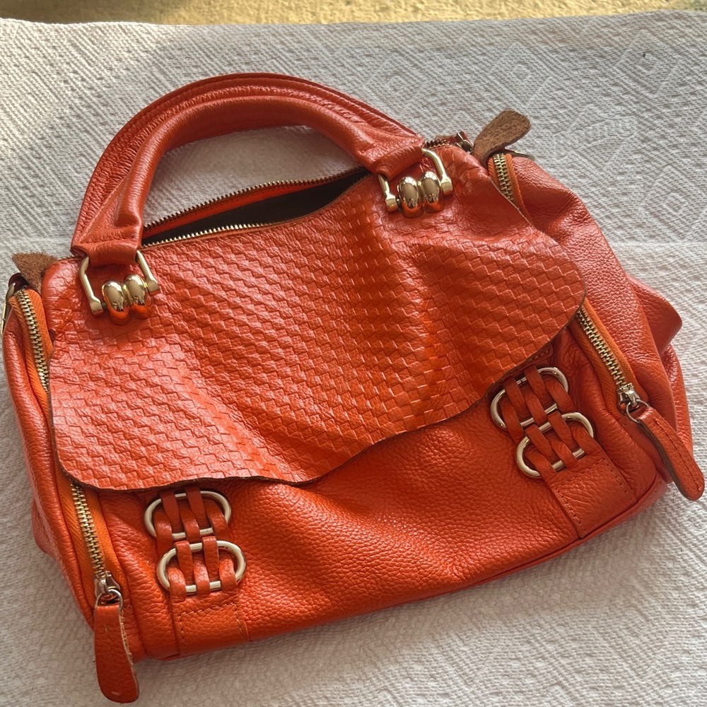 Chic Orange Textured Leather Satchel
